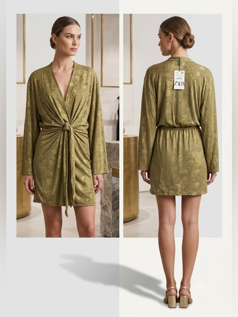 Zara Olive Green Twist-Front Satin Robe